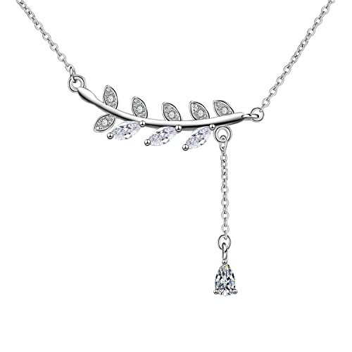 Lirzxin Halskette Frauen Weißgold 9 Karat 375, Anhänger Kette Damen 45 CM Erstellter Diamant Blätter mit Wassertropfen Quaste Hochzeit Kette für Frauen Braut Weißgold von Lirzxin