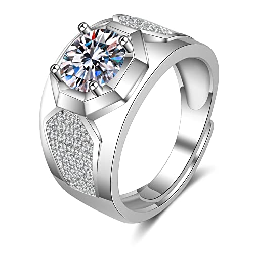 Lirzxin Herren Goldring 375 Echtgold 9 Karat, Freundschaftsringe Herren Verstellbar Breit Siegelring 4 Zinken Rund Erstellter Diamant mit Moissanit Verlobungsring Weißgold Gr. 58 (18.5) von Lirzxin