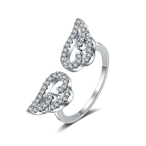 Lirzxin Hochzeit Ring Damen Weißgold 375 9 Karat, Damen Ringe Für Verlobung Verstellbar Offen Hohl Flügel mit Rund Moissanit Trauringe Weißgold Große 49 (15.6) von Lirzxin