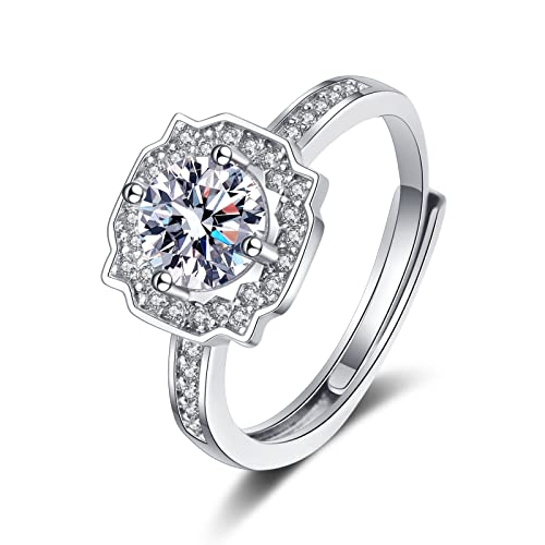 Lirzxin Hochzeit Ring Damen Weißgold 585 14 Karat, Verlobung Ring Damen Verstellbar Quadratisch Blume Rund Erstellter Diamant und Moissanit Eheringe Weißgold Gr. 56 (17.8) von Lirzxin