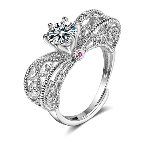 Lirzxin Hochzeit Ring Weißgold Damen 375 9 Karat, Verlobungsring Damen Verstellbar Luxus Hohl Design mit 6 Zinken Rund Moissanit und Erstellter Rubin Eheringe Weißgold Gr. 56 (17.8) von Lirzxin