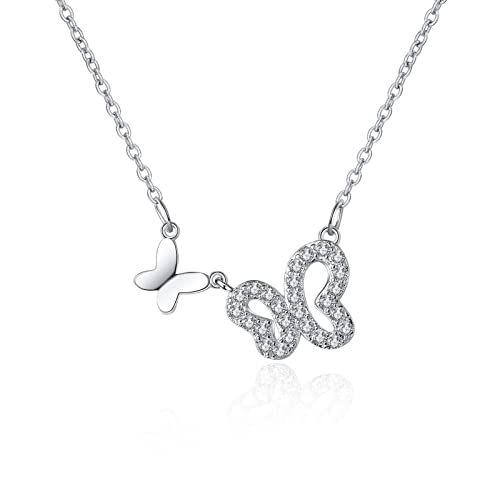 Lirzxin Kette Damen Weißgold 14 Karat 585, Anhänger Halskette Damen 45 CM Schmetterlinge mit Rund Erstellter Diamant Hochzeit Kette für Frauen Braut Weißgold von Lirzxin