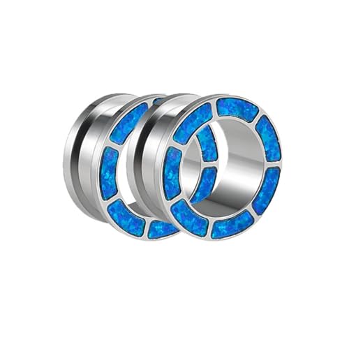 Lirzxin Ohr Plug Tunnel 8mm, 2 Stück Tunnel Chirurgenstahl Herren Damen Single Flared Hohl Rund mit Opal Schrauben Ohr Plug 8mm Silber Blau von Lirzxin