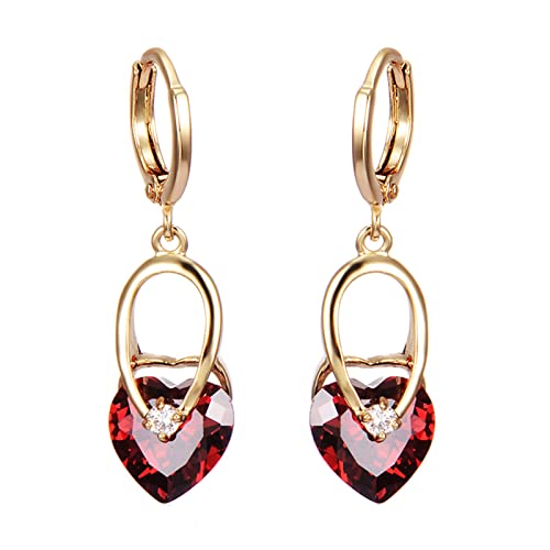 Lirzxin Ohrhänger Gold 585 Echtgold, Ohrringe Damen Creolen mit Hohl Wassertropfen Herz Rot Erstellter Rubin Hochzeit Ohrringe für Braut Gelbgold von Lirzxin
