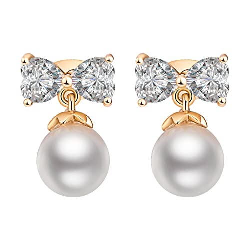 Lirzxin Ohrringe 750 Echtgold, Ohrhänger Damen Erstellter Diamant Herz Bogenknoten mit Perle Geburtstag Ohrringe für Frauen Gelbgold von Lirzxin