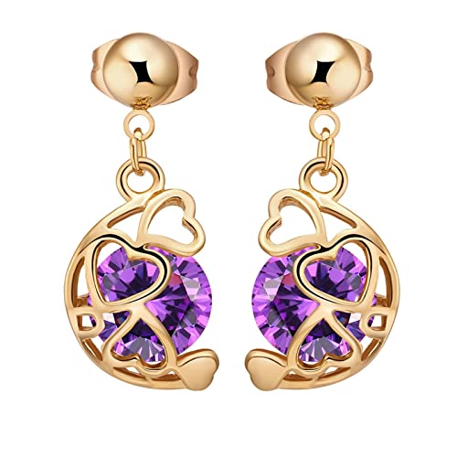 Lirzxin Ohrringe Damen Gold 585 Echtgold, Drop Ohrhänger Damen Hohl Herz mit Rund Amethyst Geburtstag Ohrringe für Frauen Gelbgold von Lirzxin