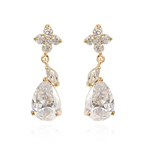 Lirzxin Ohrringe Gelbgold 585, Drop Ohrhänger Damen Lang Blume mit Wassertropfen Moissanit Geburtstag Ohrringe für Frauen Gelbgold von Lirzxin