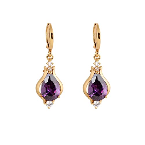 Lirzxin Ohrringe Gold 14 Karat 585, Drop Ohrhänger Damen Creolen mit Blume Wassertropfen Amethyst und Moissanit Hochzeit Ohrringe für Braut Gelbgold von Lirzxin