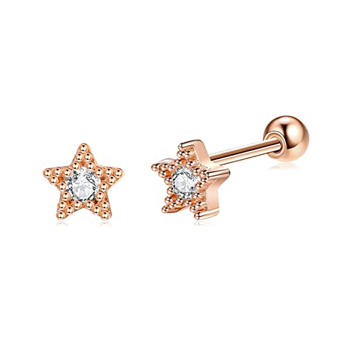 Lirzxin Ohrringe Rosegold 14 Karat 585, Ohrstecker Damen Einfach Stern mit Rund Diamant Ohrringe Geburtstag für Braut Rosegold von Lirzxin