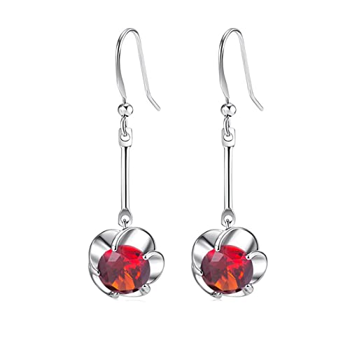 Lirzxin Ohrringe Weißgold 14 Karat 585, Ohrhänger Damen Lang Blume mit Rund Erstellter Rubin Rot Hochzeit Ohrringe für Braut Weißgold von Lirzxin