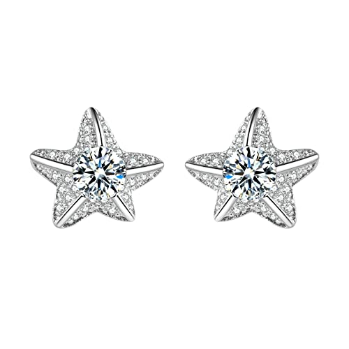 Lirzxin Ohrstecker 585 Weißgold, Ohrringe für Damen Seestern mit Rund Moissanit Ohrringe Hochzeit für Frauen Weißgold von Lirzxin