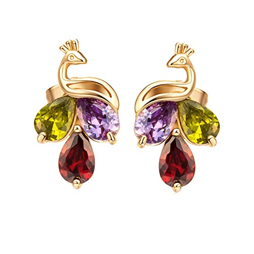 Lirzxin Ohrstecker Echt Gold 750, Damen Ohrringe Phönix mit Wassertropfen Amethyst Peridot Erstellter Rubin Ohrringe Hochzeit für Frauen Gelbgold von Lirzxin
