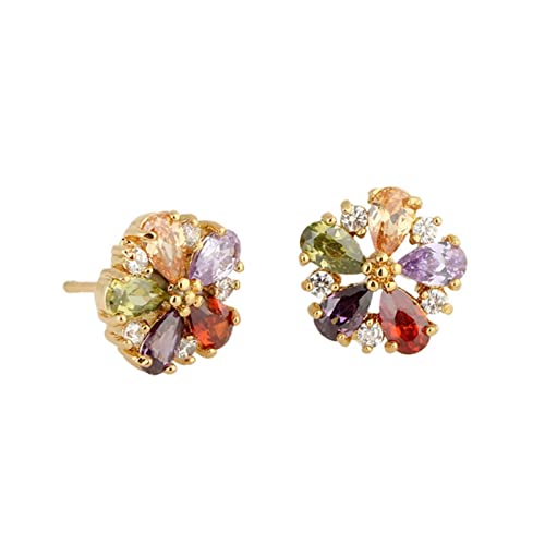 Lirzxin Ohrstecker Gelbgold 585 Echtgold, Damen Ohrringe Blume mit Wassertropfen Form Amethyst Rosa Kristall Granat Citrin Peridot Hochzeit Ohrringe für Braut Gelbgold von Lirzxin