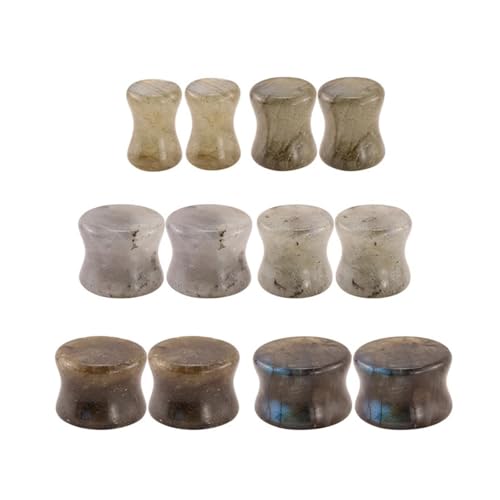 Lirzxin Plug Flesh Tunnel 6mm-16mm, 12 Stück Tunnel mit Stein Herren Damen 6 Paar Solide Rund Double Flared Ohr Plug 6mm,8mm,10mm,12mm,14mm,16mm Grau Braun von Lirzxin
