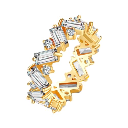 Lirzxin Trauringe Gold 750 18 Karat, Hochzeit Ring Damen Reihe Geometrisch Rechteckig Rund Moissanit Eheringe Trauringe Gelbgold Gr. 51 (16.2) von Lirzxin