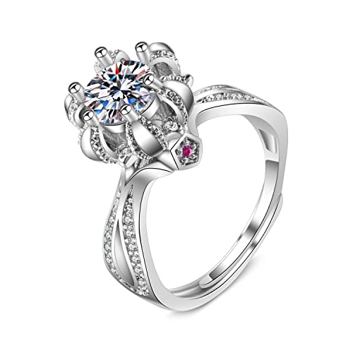 Lirzxin Weißgold Ring Damen 750 18 Karat, Trauringe Damen Verstellbar Luxus Kronen Blume 6 Zinken 1 Karat Rund Erstellter Diamant und Moissanit Partnerringe Weißgold Gr. 54 (17.2) von Lirzxin