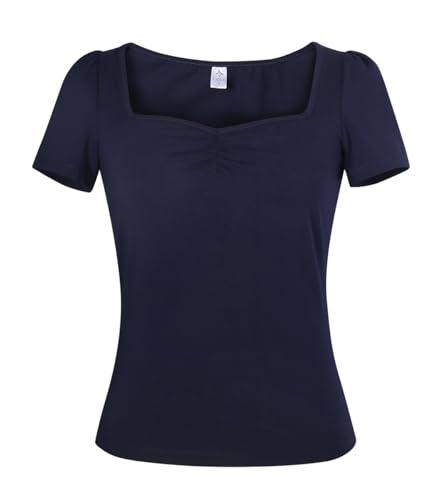 LisLic Damen 1950er Rockabilly Tops Niedlich Baumwolle Elastisch T Shirt Dressy Casual Weiche Blusen für Frauen Mädchen, Dunkelblau, 4X-Groß von LisLic