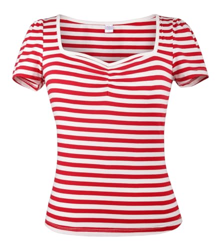 LisLic Damen 1950er Rockabilly Tops Niedlich Baumwolle Elastisch Vintage Stil Strickshirts Dressy Casual Weich Bluse für Frauen, Rot-weiße Streifen, Mittel LisLic Damen 1950er Rockabilly Tops Niedlich Baumwolle Elastisch Vintage Stil Strickshirts Dressy Casual Weich Bluse für Frauen, Rot-weiße Streifen, Mittel von LisLic