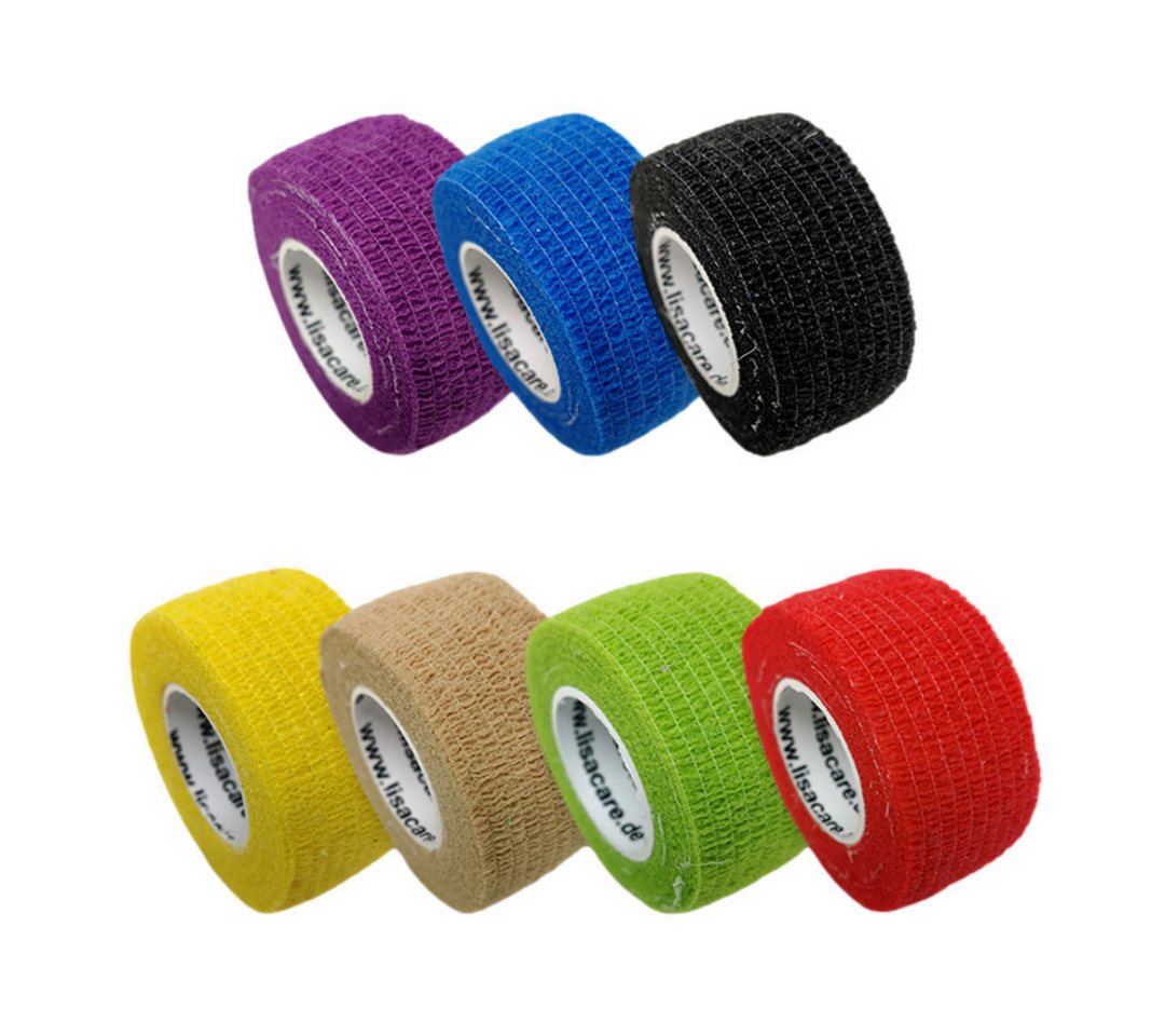 LisaCare Wundpflaster Selbsthaftender Pflasterverband - Kohäsiver Fingerpflaster/Bandage (Set, 7 St., 1 x Gelb, Rot, Blau, Schwarz, Beige, Lila & Grün / 2,5cm x 4,5m), LATEXFREI von LisaCare