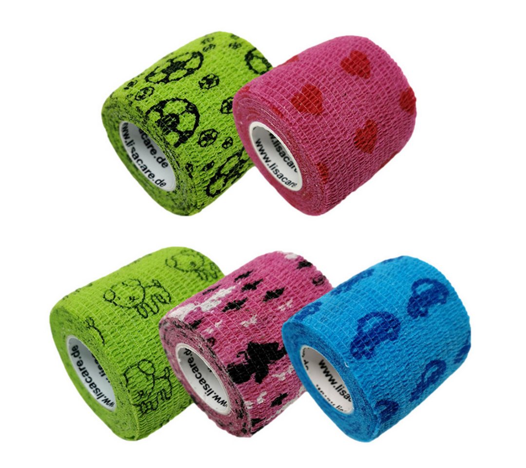 LisaCare Wundpflaster Selbstklebender Pflasterverband - Kohäsiver Verband/Bandage (Kinder-Set, 5 St., Auto, Hund, Fußball, Herz & Schmetterling / 5cm x 4,5m), Kinder-Erstversorgung! von LisaCare