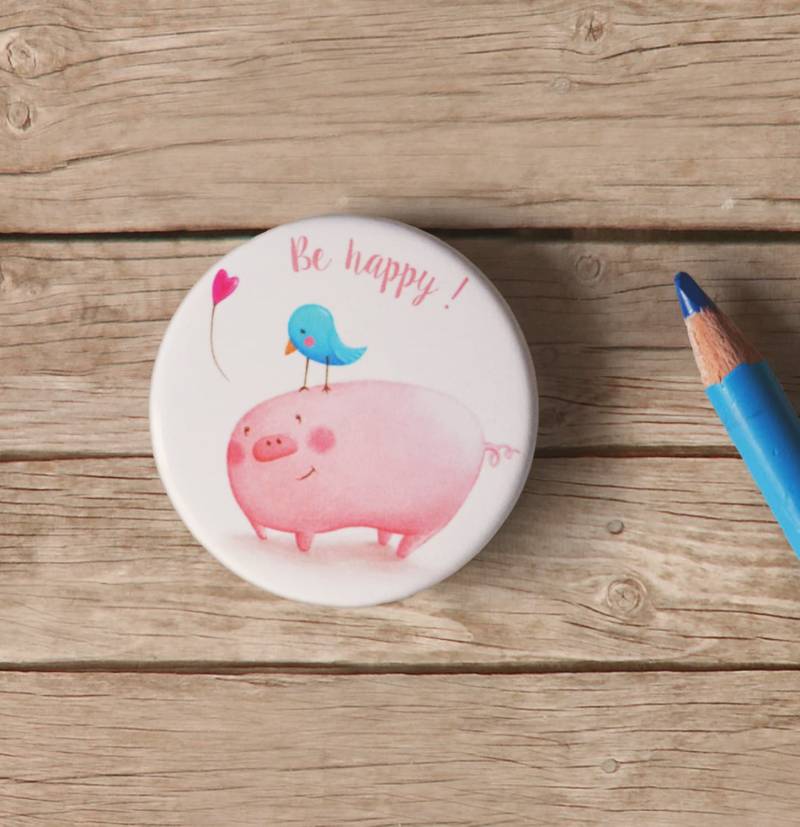 Schweine - Und Vogel-Anstecknadel, Illustrierte Anstecknadel, Sei Glücklich von LisaCiccone