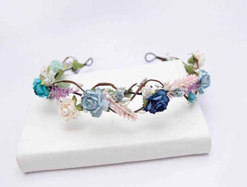 Rosa Hellblaue Blume Krone Stirnband Winter Hochzeit Kopfschmuck Braut Halo Lavendel Haarkranz Neujahrsparty von LisaUaShop