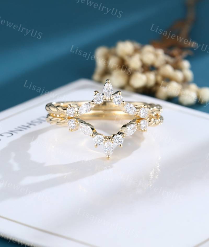 2stk Moissanit Trauring Gebogener Gelbgold Vintage Marquise 3/4 Eternity Twisted Band Jubiläum von LisajewelryUS