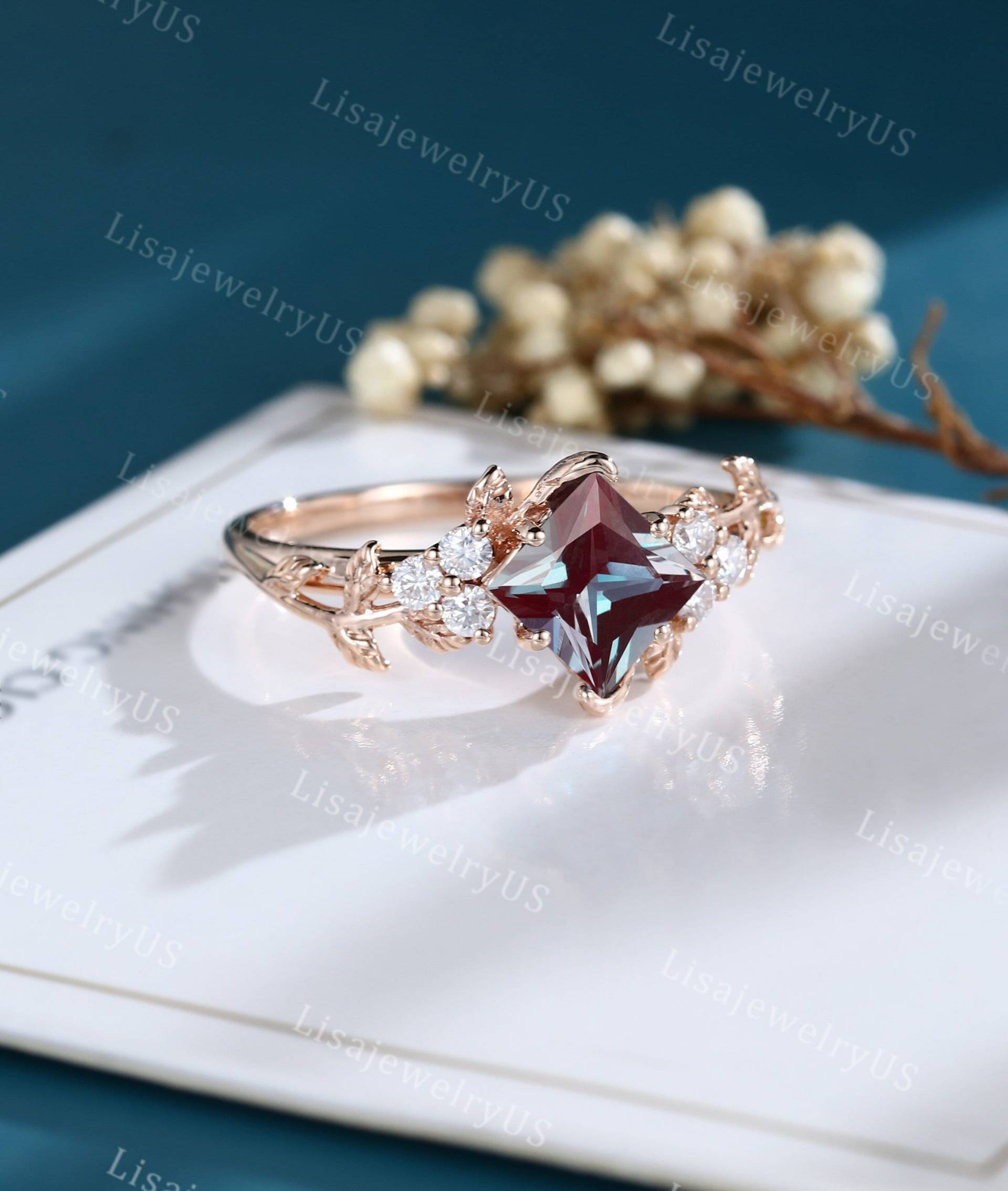 Alexandrit Verlobungsring Rosegold Vintage Art Deco Prinzessin Schliff Ring Unikat Diamant Blatt Zweig Braut Versprechen von LisajewelryUS