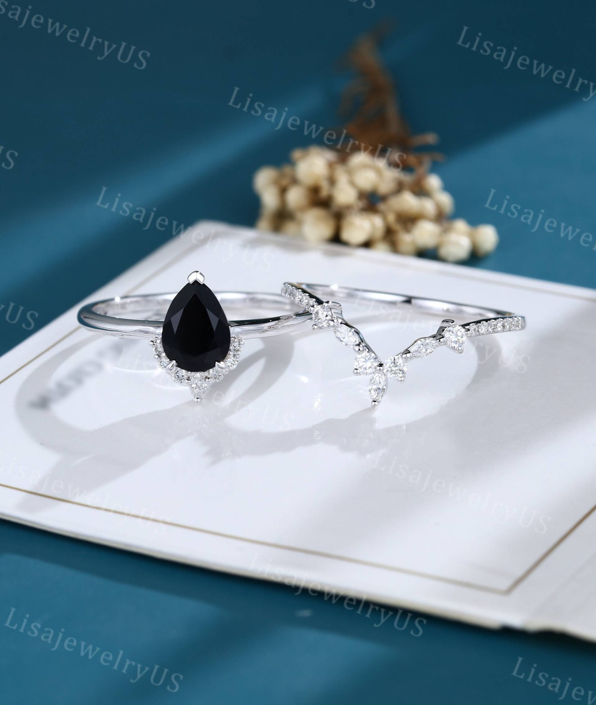 Birne Schwarzer Onyx Verlobungsring Set Weißgold Vintage Art Deco Massiv Unikat Braut Jahrestag von LisajewelryUS