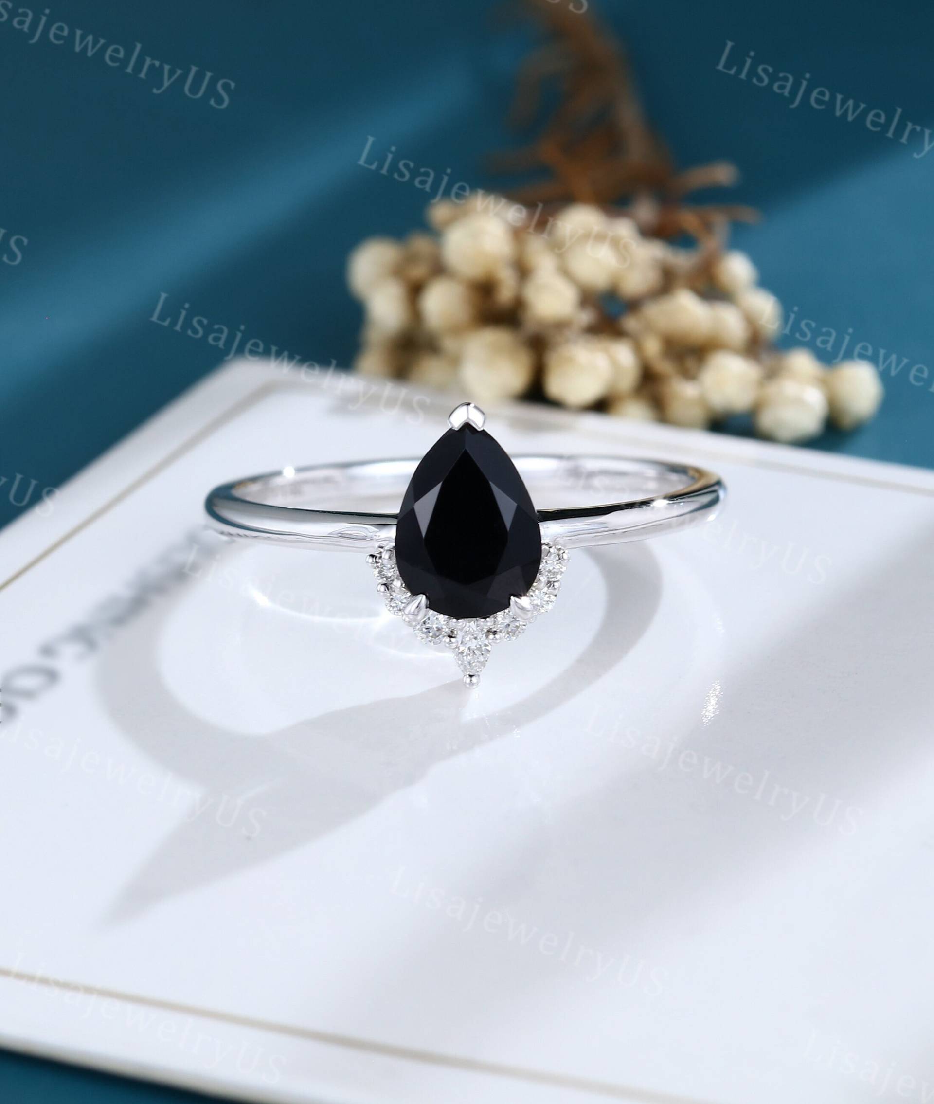 Birne Schwarzer Onyx Verlobungsring Vintage Weißgold Cluster Ring Art Deco Unikat Jahrestag Geschenk von LisajewelryUS