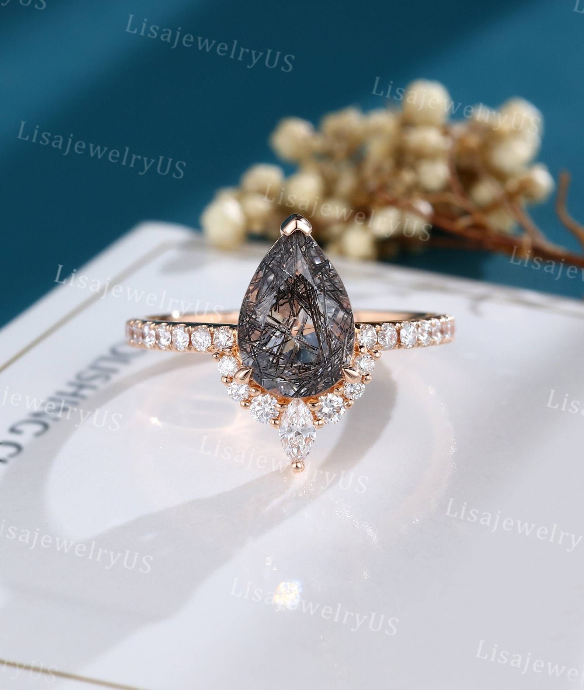 Birne Schwarzer Rutilquarz Verlobungsring Rosegold Moissanit Vintage Full Eternity Diamant Ring Jahrestag von LisajewelryUS