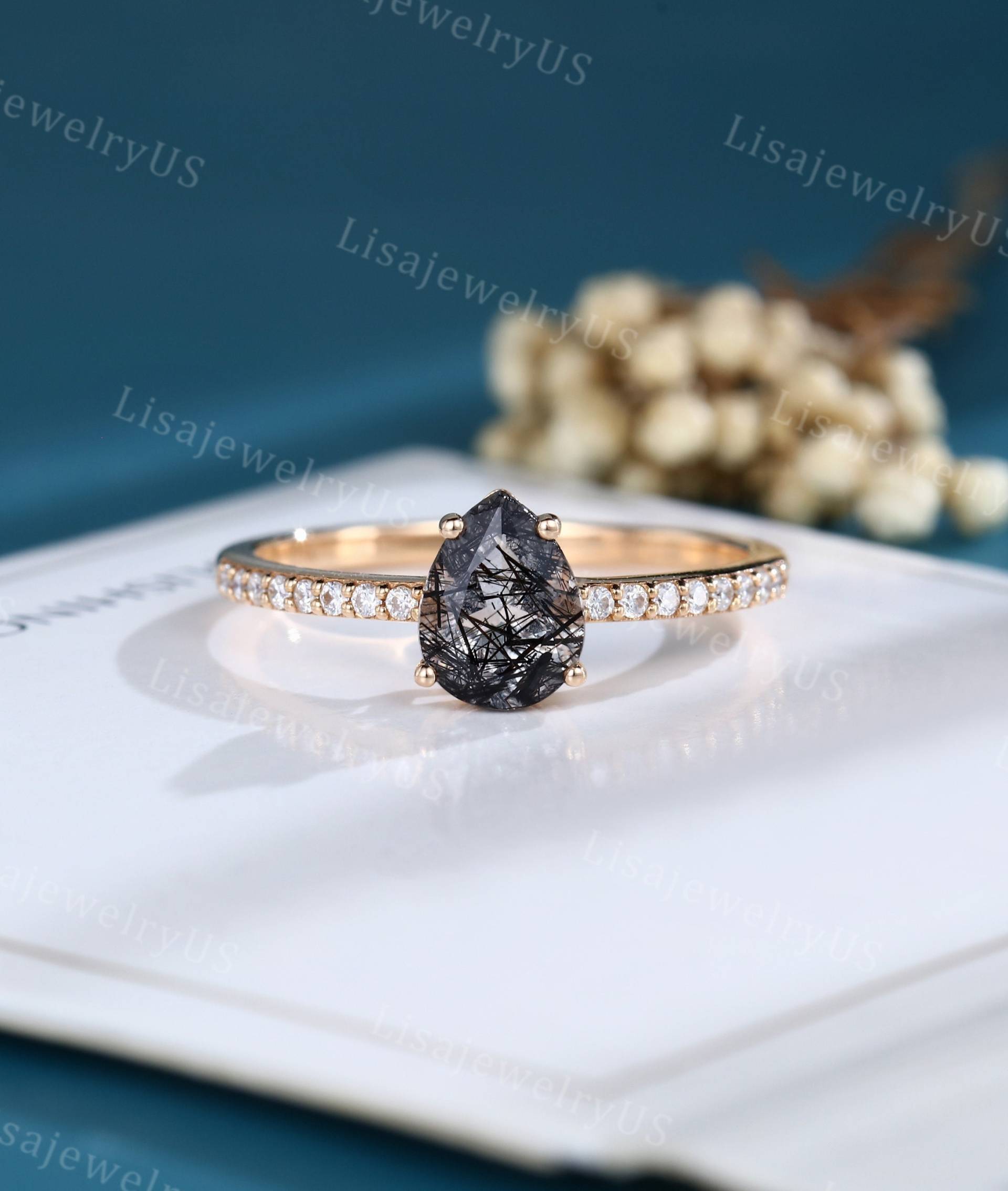 Birne Schwarzer Rutilquarz Verlobungsring Rosegold Moissanit Vintage Halbe Ewigkeit Diamantring Jahrestag von LisajewelryUS