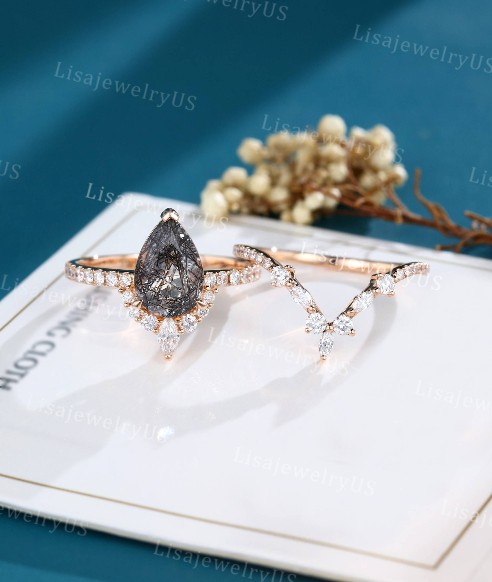 Birne Schwarzer Rutilquarz Verlobungsring Set Rosegold Vintage Volle Ewigkeit Halbe Zierliches Ehering Braut von LisajewelryUS