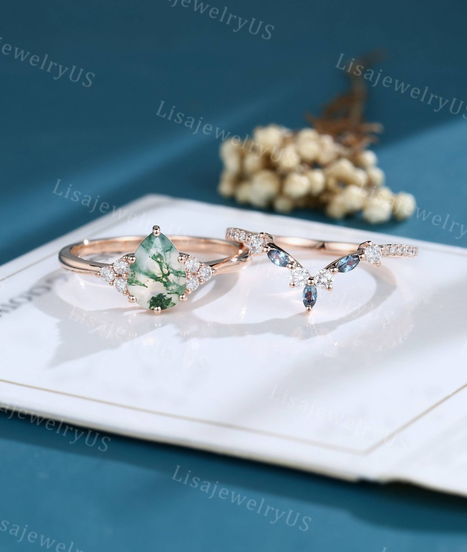 Birnenförmige Moosachat Verlobungsring-Set Roségold Vintage Art-Deco-Zierliche Einzigartige Brautjubiläum Versprechen Ring-Set von LisajewelryUS