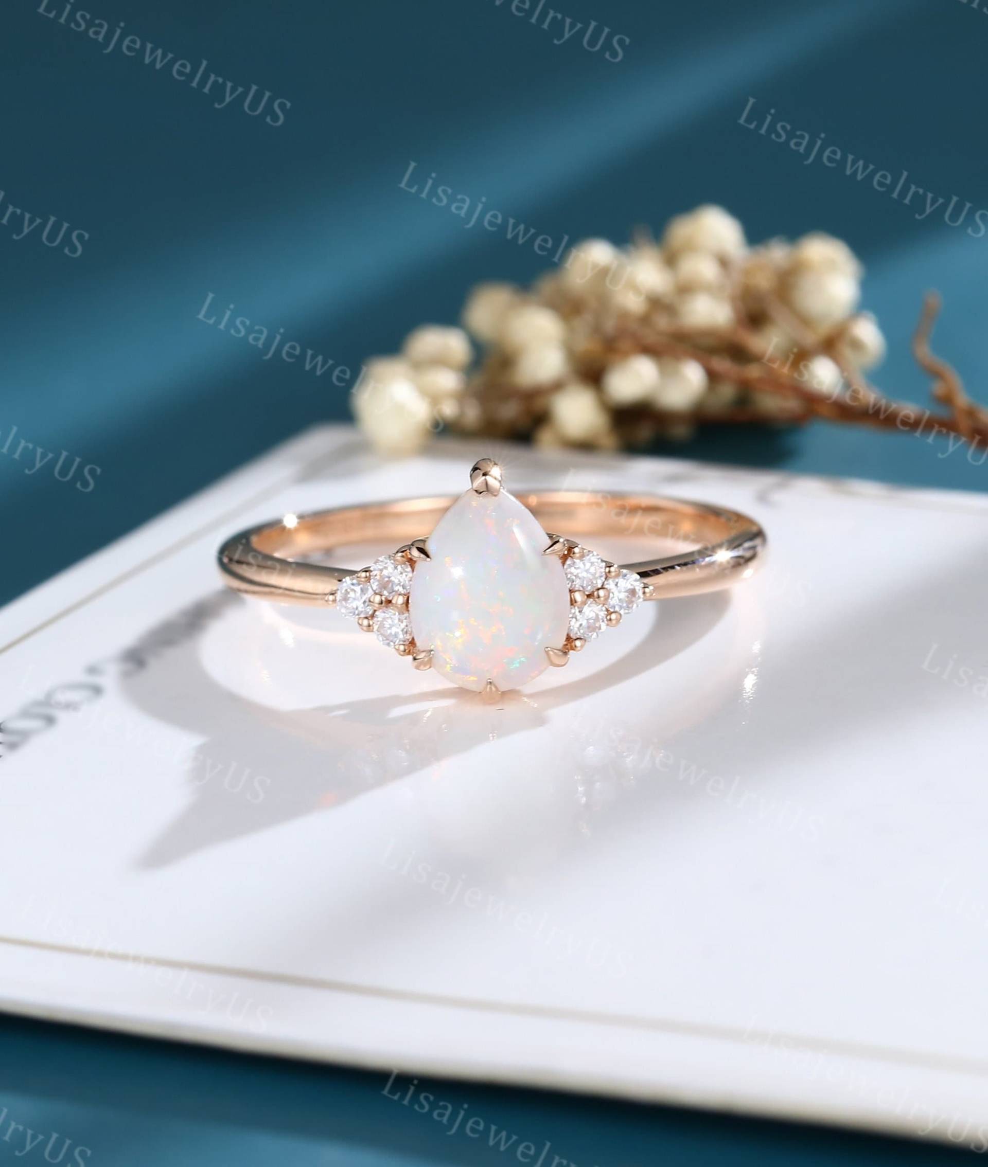 Birnenförmiger Opal - Verlobungsring Fester Roségoldweinlese-Verlobungsring Art-Deco - Zierlicher Einzigartiger Marquise-Diamant von LisajewelryUS