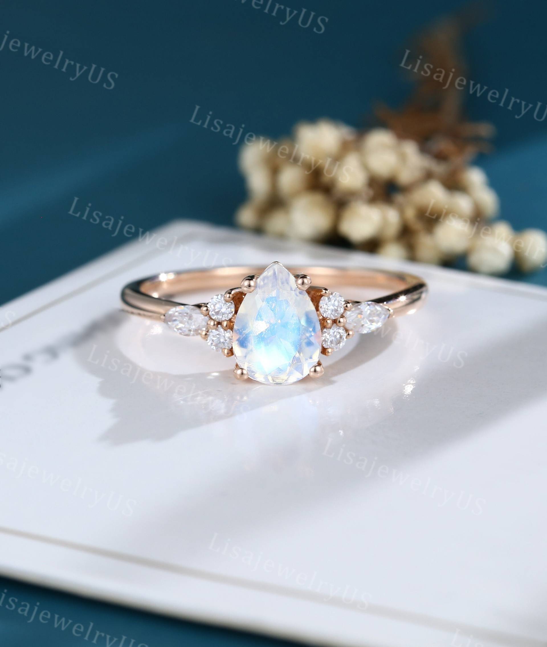 Birnenschliff Mondstein Verlobungsring Rosegold Vintage Unikat Marquise Diamant Cluster Ring Braut Geschenk von LisajewelryUS