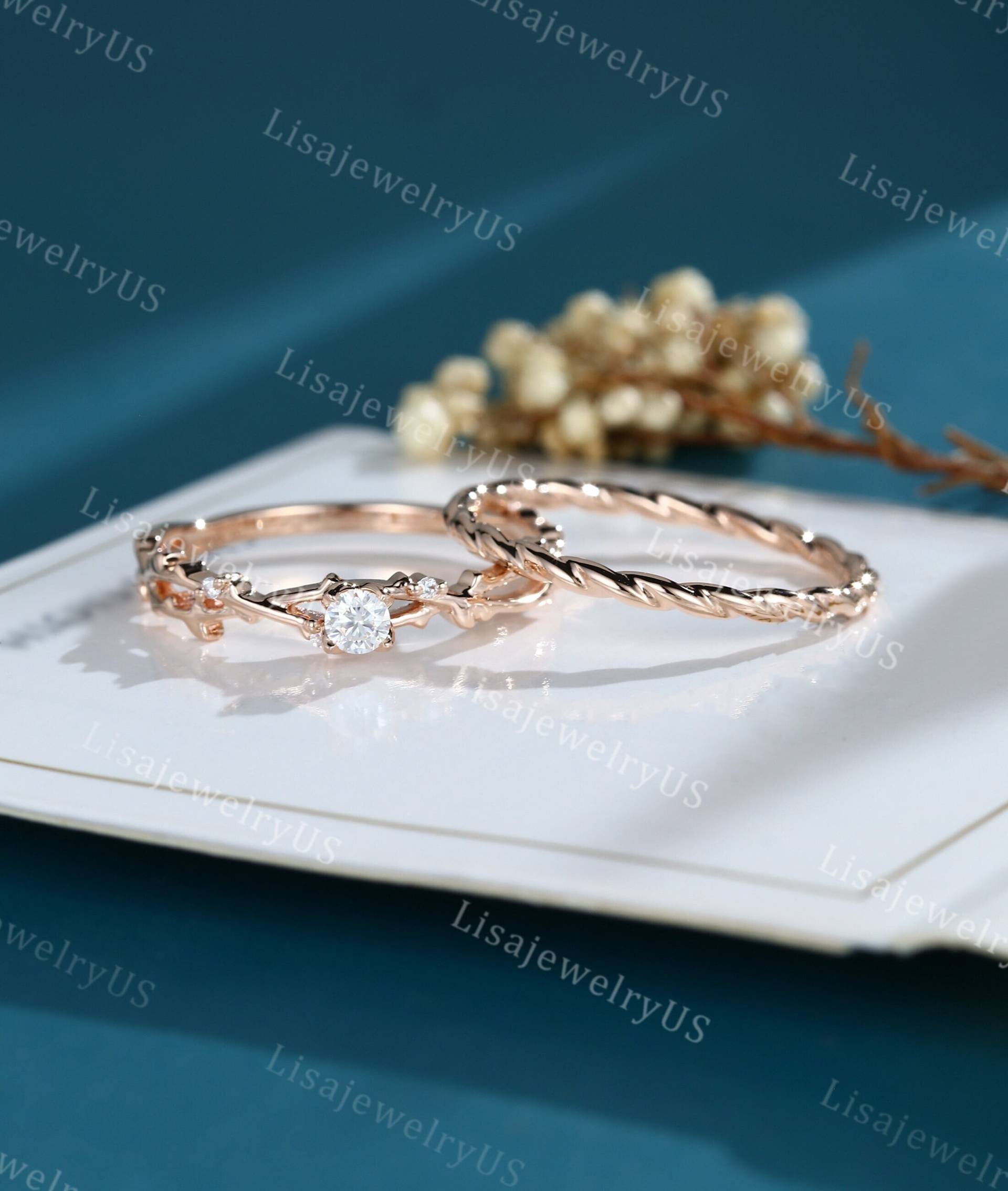 Diamant Verlobungsring Set Rosegold Vintage Art Deco Zierliche Verlobungsringe von LisajewelryUS