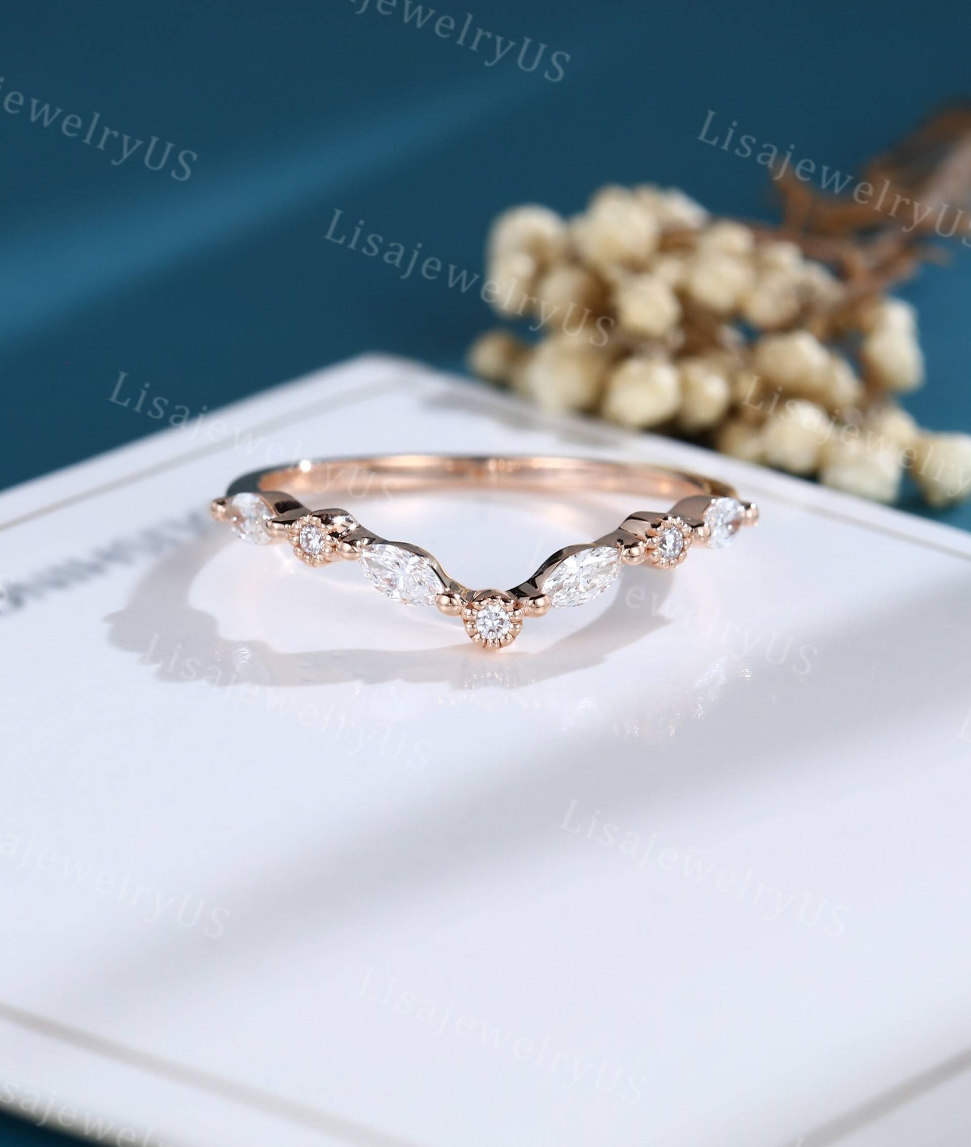 Geschwungener Moissanit Ehering Vintage Rose Gold Marquise Diamant Brautring Versprechen Band Jahrestag Geschenk von LisajewelryUS