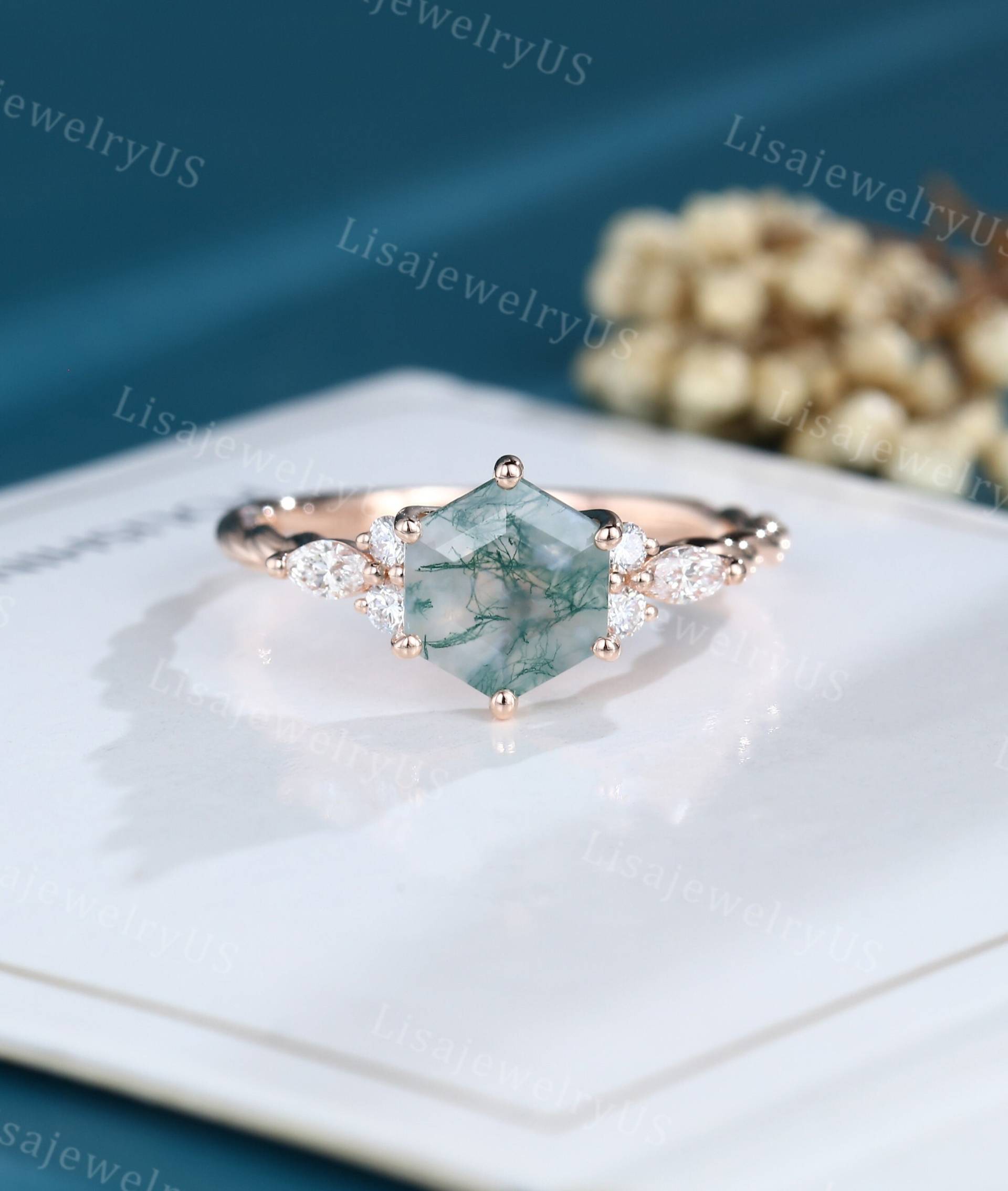 Hexagon Moosachat Verlobungsring Rosegold Moissanite Ring Vintage Marquise Diamantring Unikat 3/4 Eternity Twisted Brautring Versprechen Hexagon Moosachat Verlobungsring Rosegold Moissanite Ring Vintage Marquise Diamantring Unikat 3/4 Eternity Twisted Brautring Versprechen von LisajewelryUS