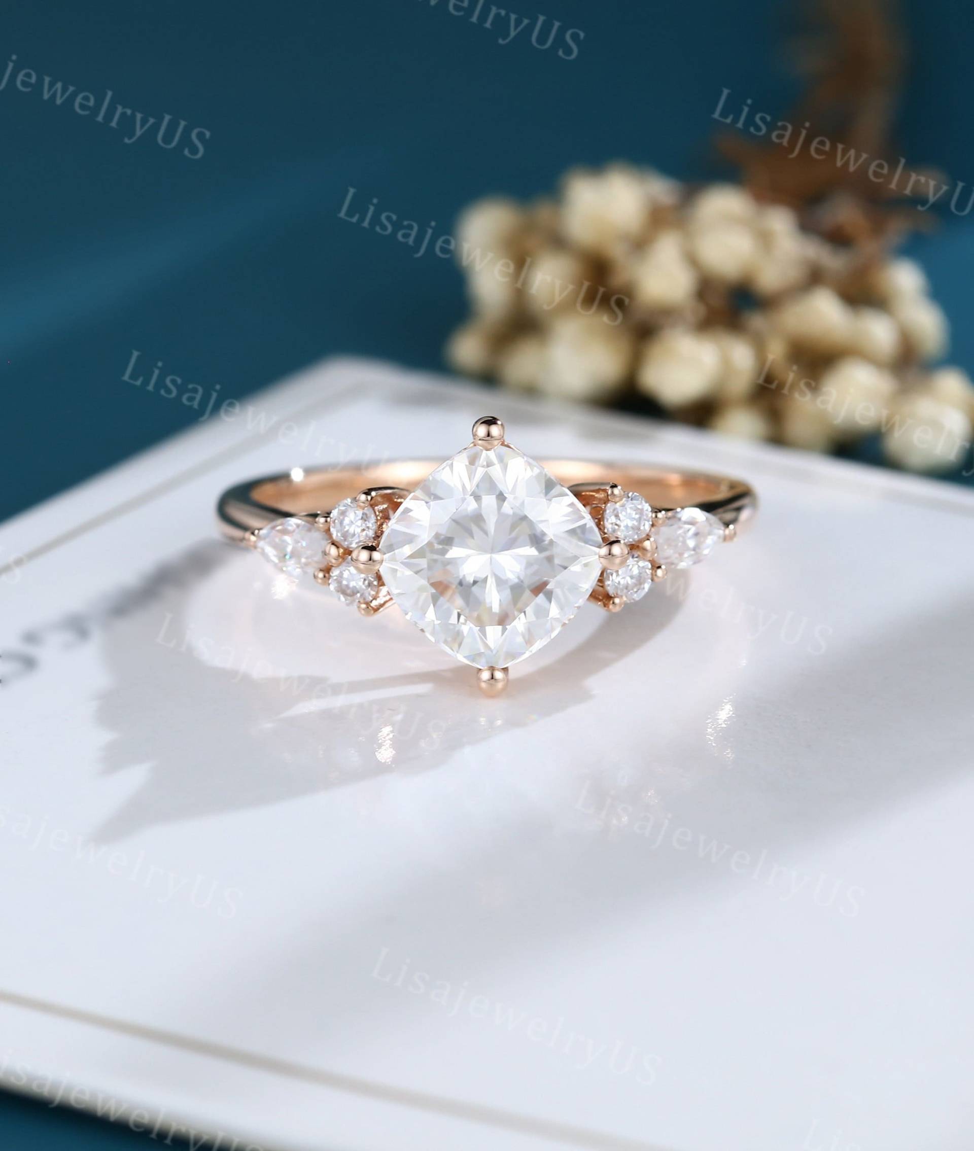 Kissenschliff Moissanit Verlobungsring Rosegold Vintage Unikat Diamantring Brautring Versprechensring Jahrestag Geschenk von LisajewelryUS