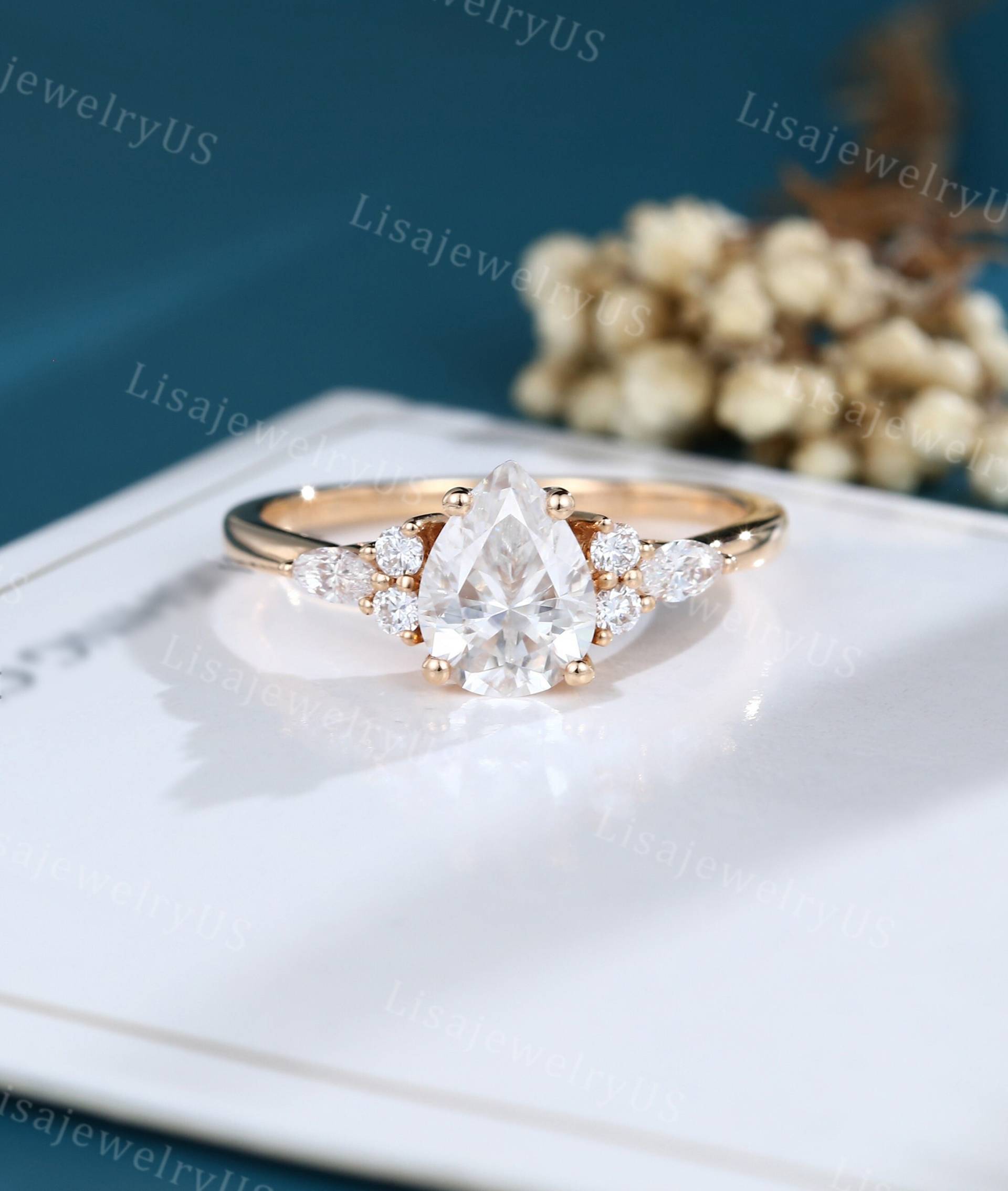 Moissanite Verlobungsring Birnenschliff Rose Gold Vintage Einzigartige Marquise Diamantclusterring Brautgeschenk Versprechen Ring von LisajewelryUS