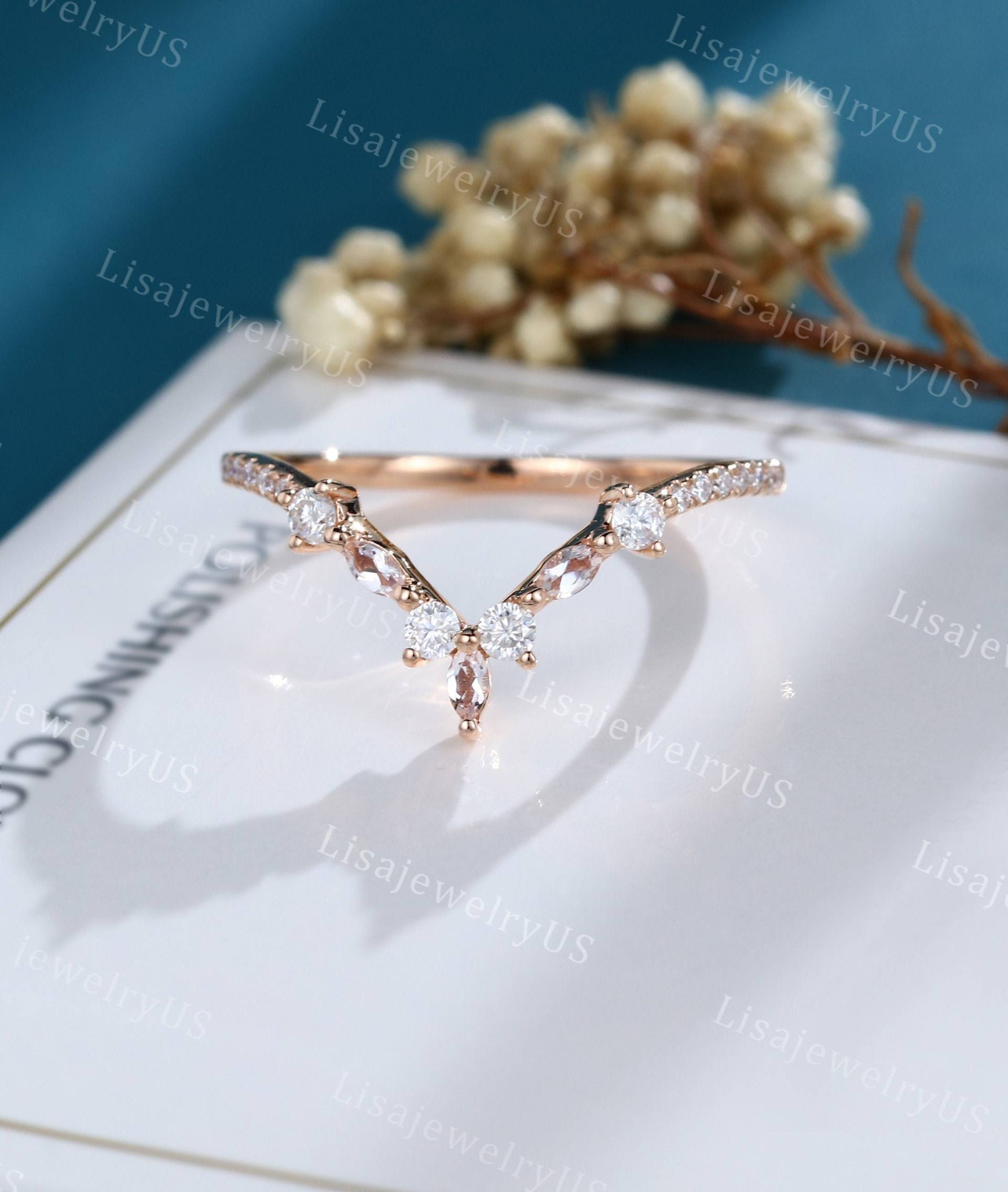 Moissanite Ehering Geschwungener Rosegold Vintage Marquise Morganit Einzigartige Halbe Eternity Band Braut Versprechen von LisajewelryUS