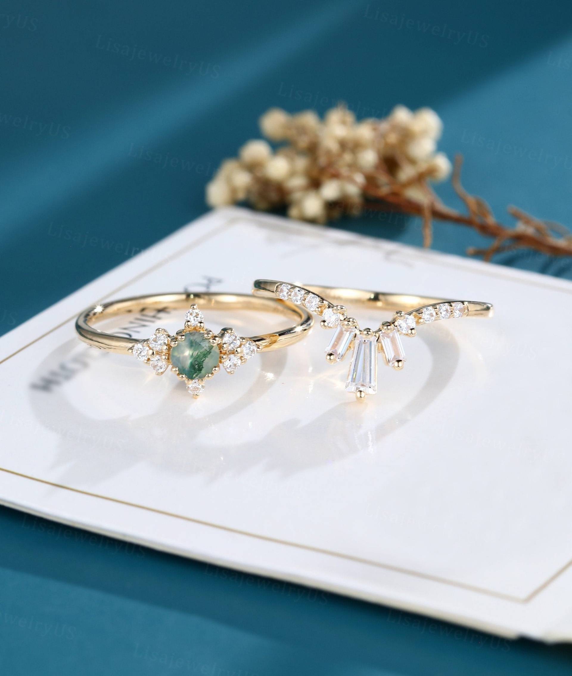 Moosachat Verlobungsring Set Vintage Massiv 14K Gold Art Deco Zierliches Unikat Cz von LisajewelryUS