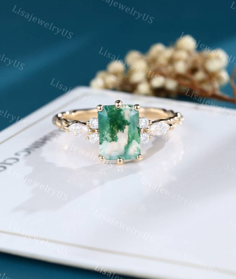 Moosachat Verlobungsring in Smaragdschliff Gelbgold Art Deco Zierliche Marquise Diamant Brautring 3/4 Eternity Gedreht von LisajewelryUS
