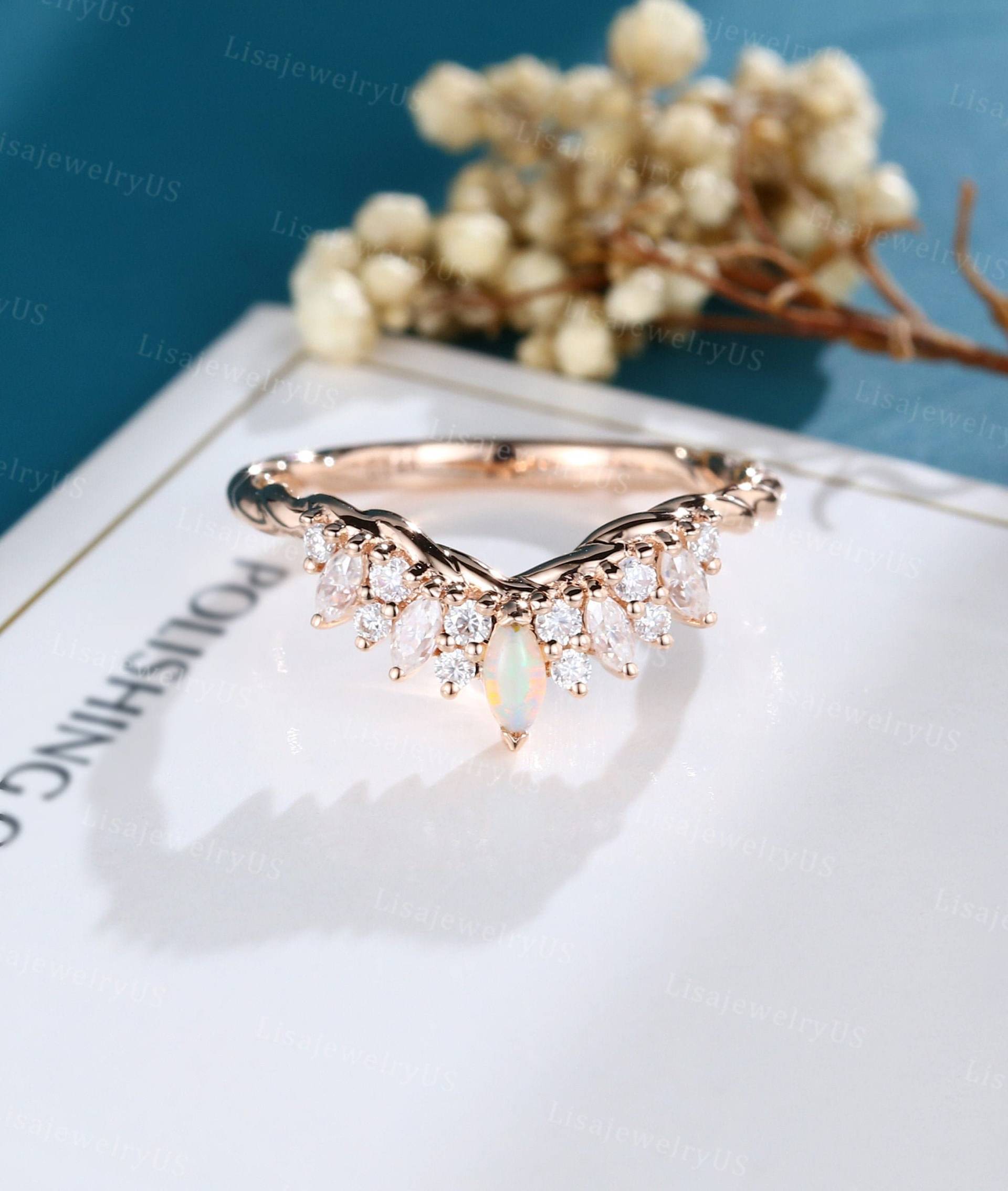 Opal Ehering Roségold Trauring Vintage Marquise Moissnaite Geschwungene 3/4 Ewigkeit Twisted Band Jubiläum Versprechen von LisajewelryUS