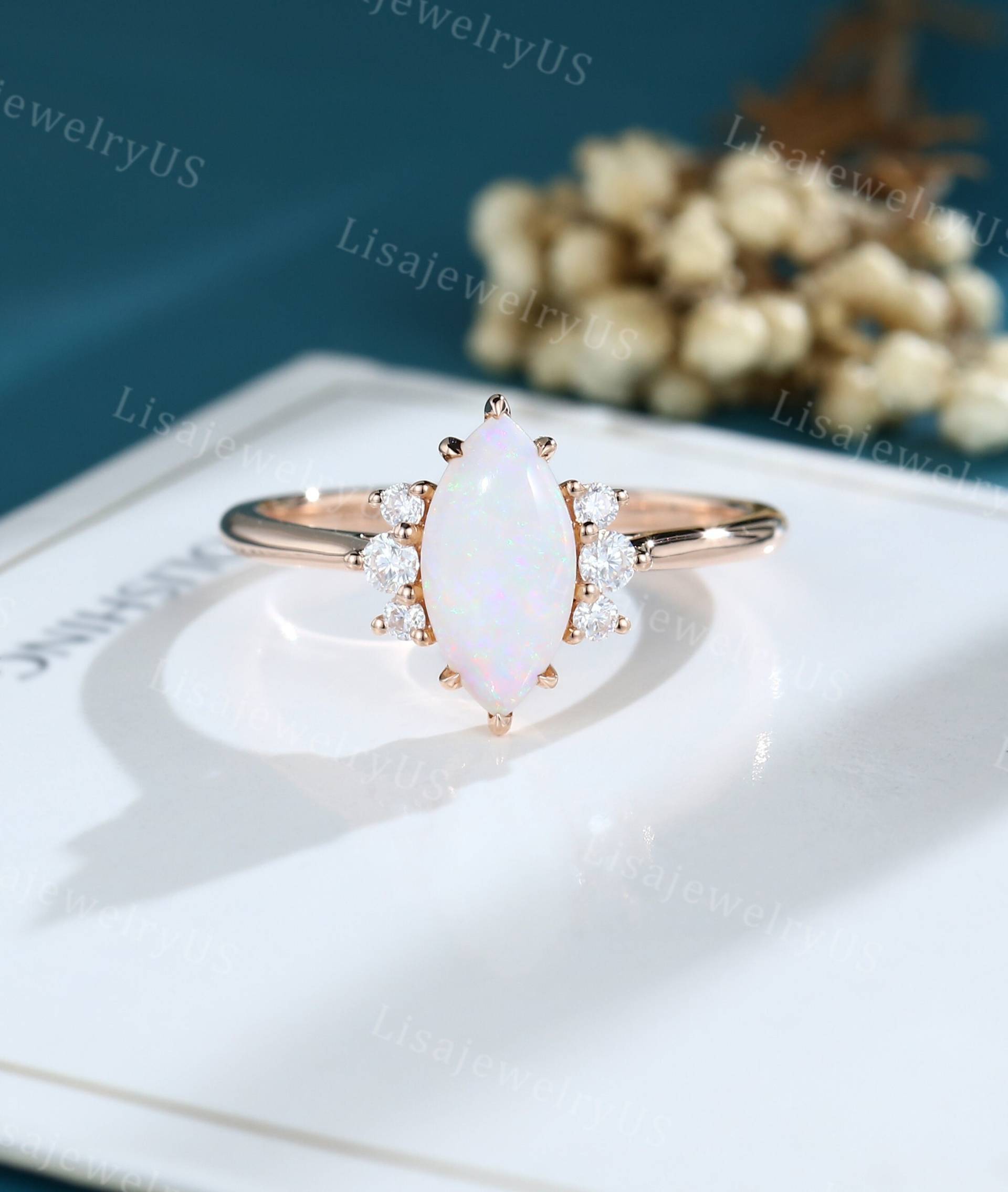 Opalring Marquise Roségold Vintage Verlobungsring Moissanit Ring Unikat Diamantring Brautring Geschenk Jahrestag von LisajewelryUS