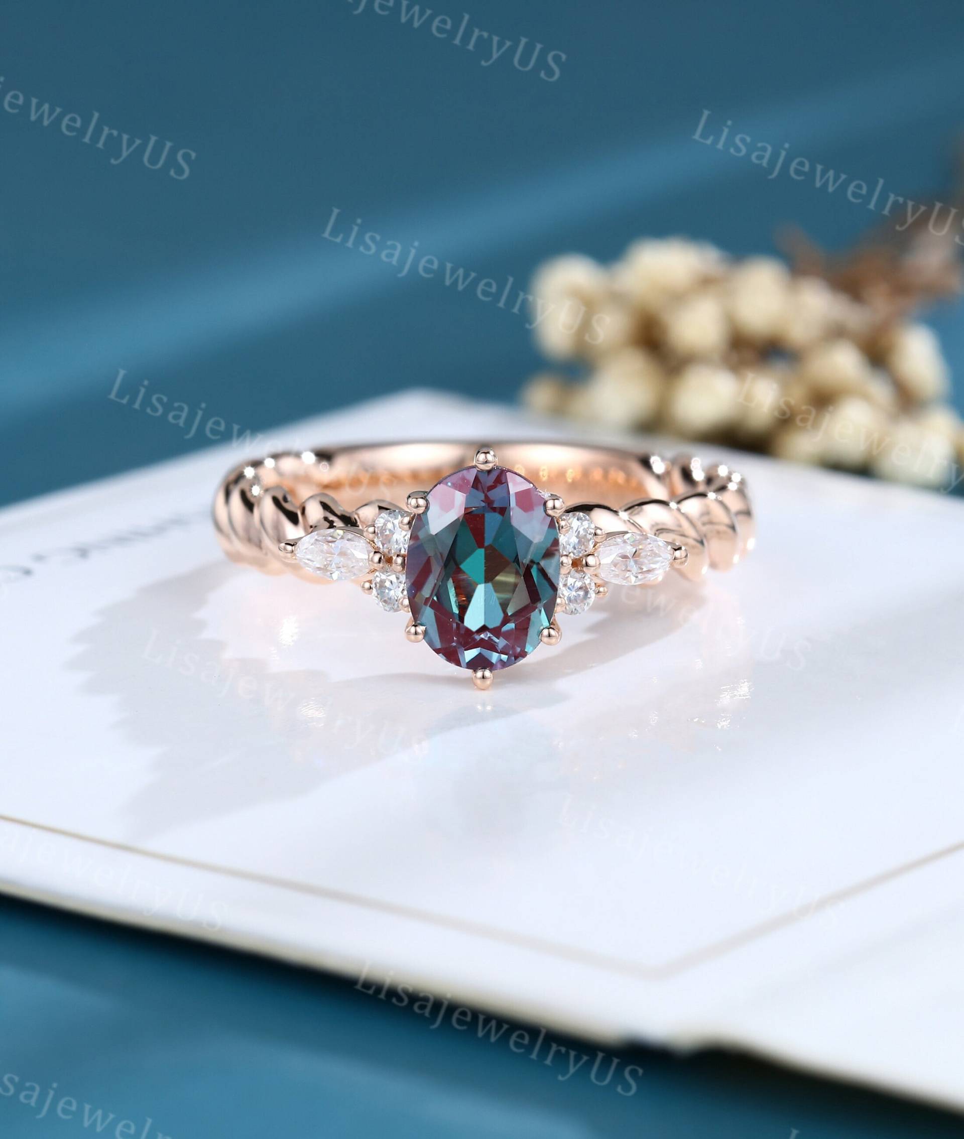 Oval Alexandrit Verlobungsring Vintage Rosegold Moissanit Ring Marquise Diamant 3/4 Eternity Twisted Braut Geschenk von LisajewelryUS