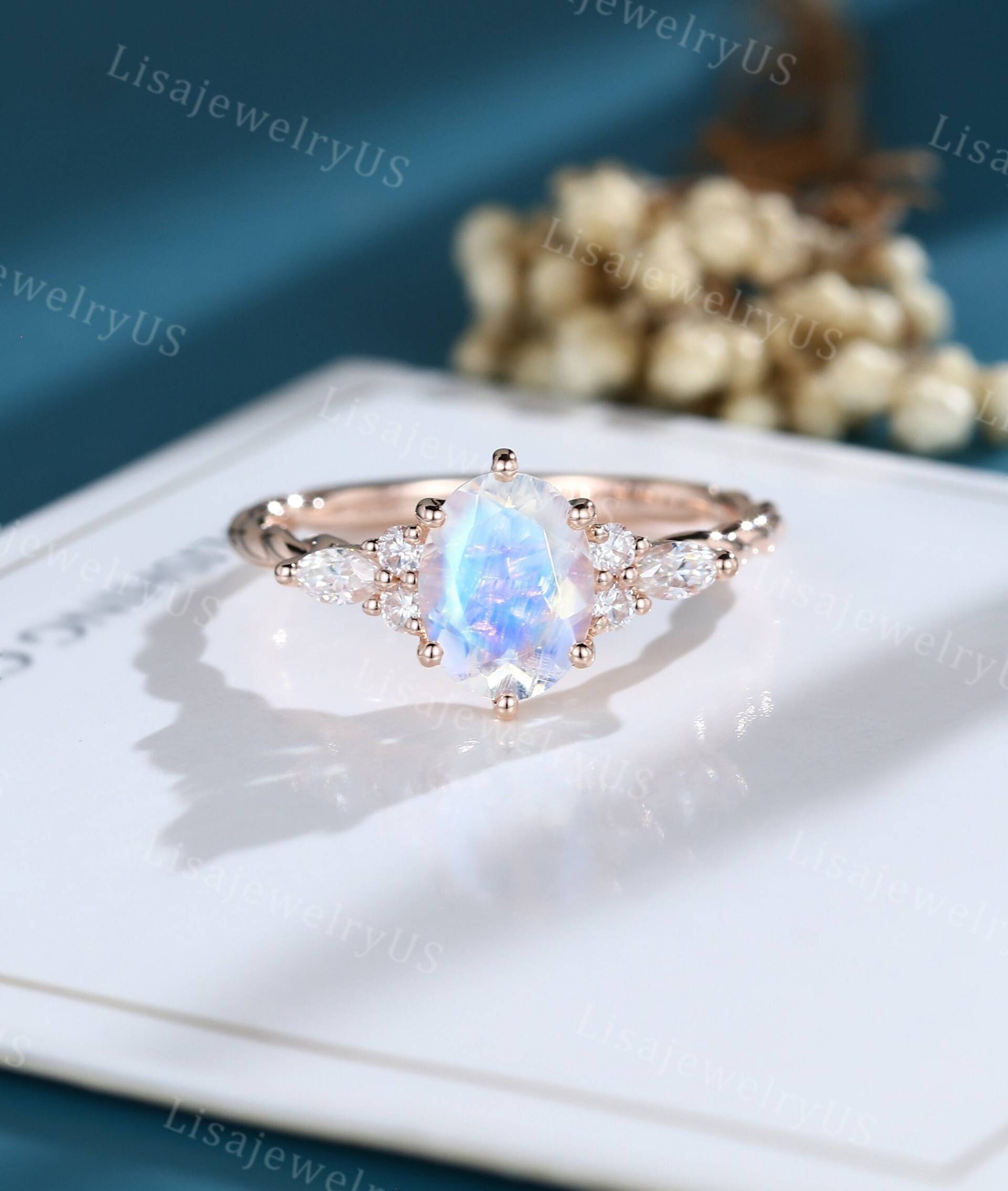 Oval Geschliffener Mondstein Verlobungsring Rosegold Vintage Moissanit Ring Marquise Diamant Art Deco 3/4 Eternity Twisted Jahrestag Geschenk von LisajewelryUS