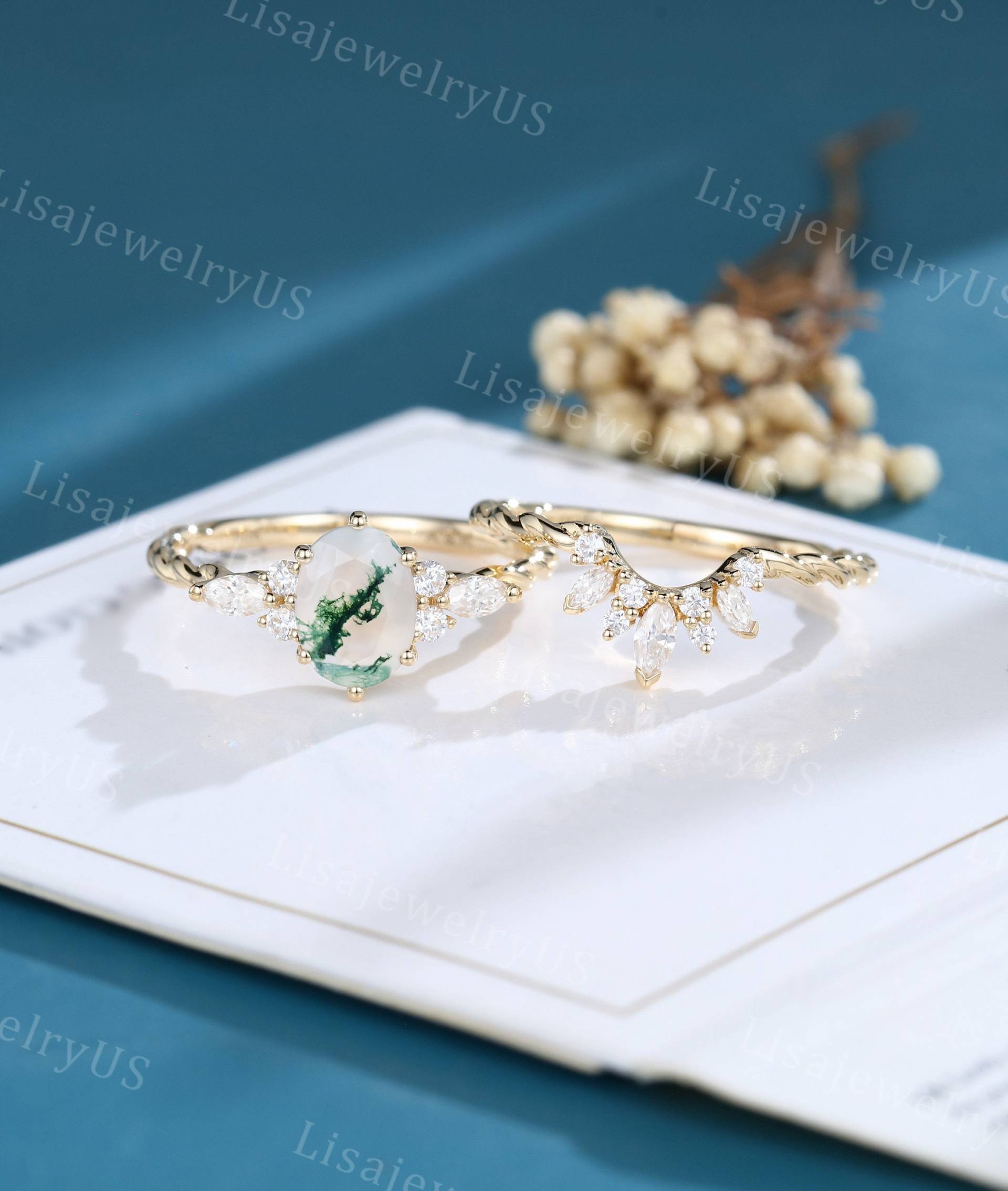 Ovales Moosachat-Verlobungsring-Set, Gelbgold-Vintage-Verlobungsring-Set, Art-Deco-Diamant, 3/4 Ewigkeit, Gedrehtes Braut-Verlobungsring-Set von LisajewelryUS