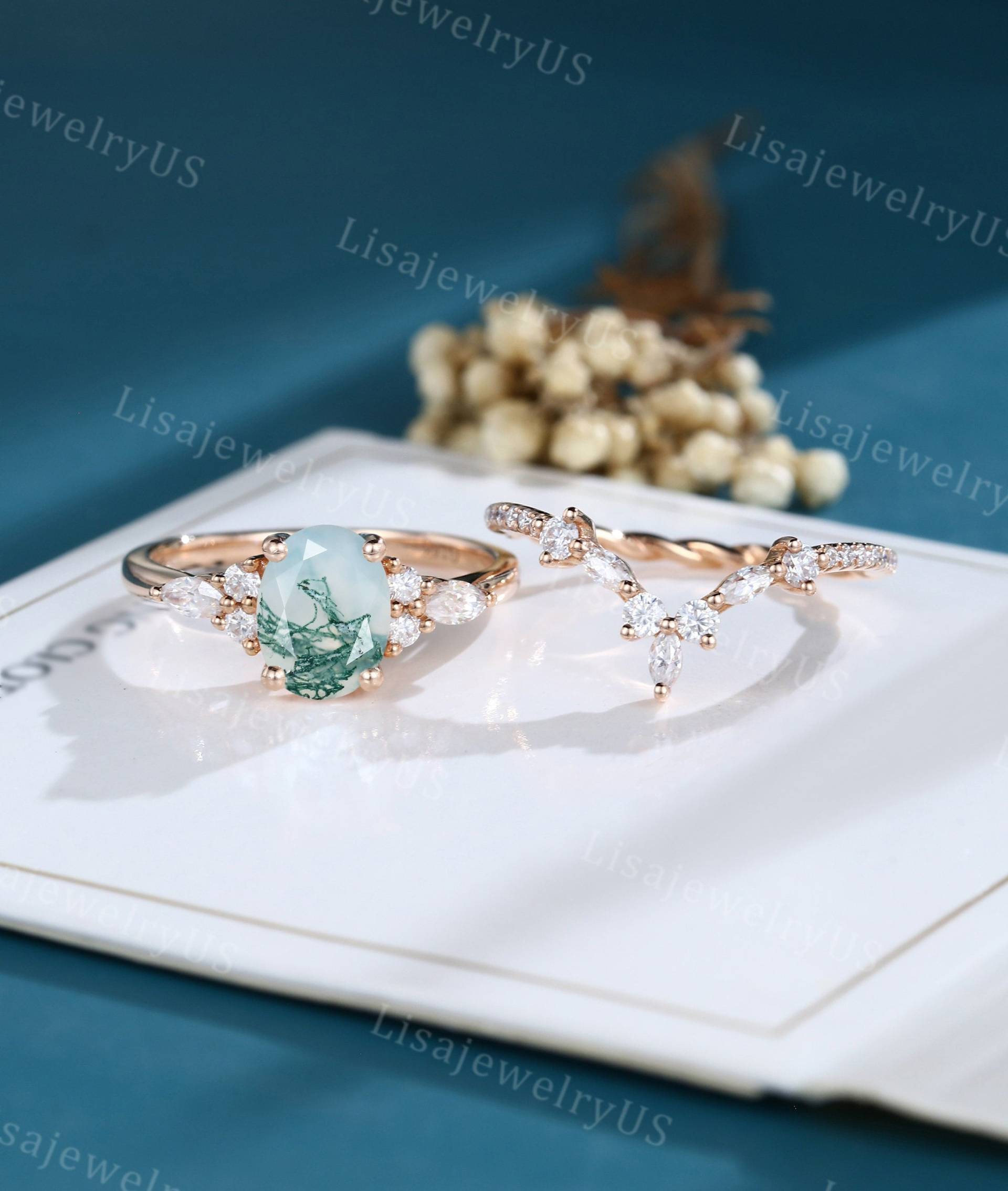 Ovales Moosachat Verlobungsring Set Roségold Vintage Ringsatz Marquise Diamant Ringset Traube Moissanit Ring Brautschmuck von LisajewelryUS